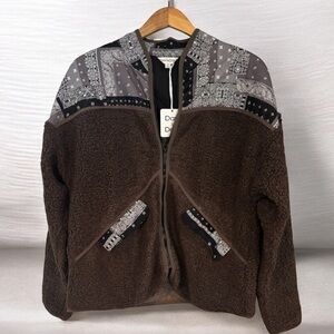DAVI & DANI Sherpa Like and Bandanna Print Zip Up Sweater NWT